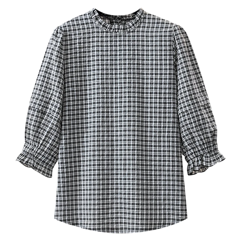 패셔너블한 면 린넨 여성 여름 상의 배를 가리는 나이 감소 효과 있는 오부 소매 라운드 넥 체크무늬 블라우스