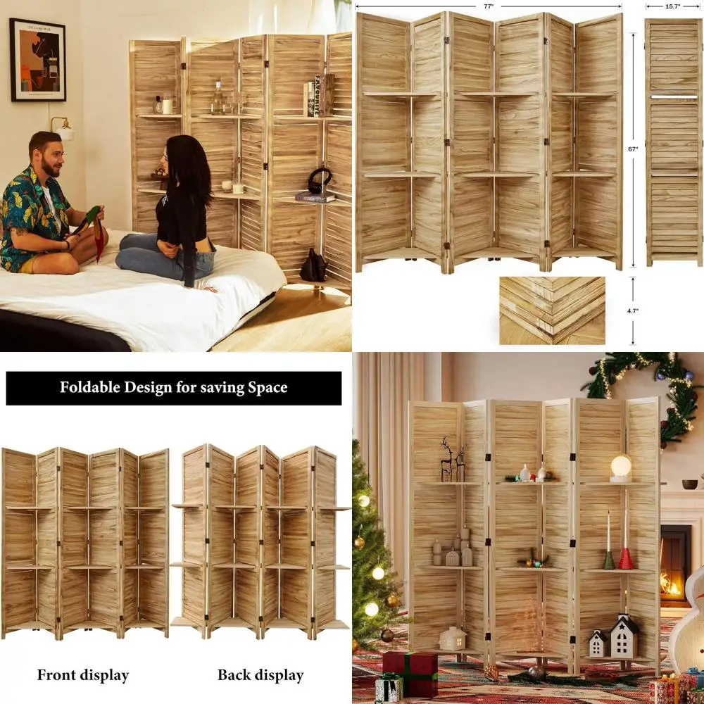 

6 Panel Folding Wooden Privacy Screen with 3 Shelves, 67 x 77 for Home Office, Study & Art Display