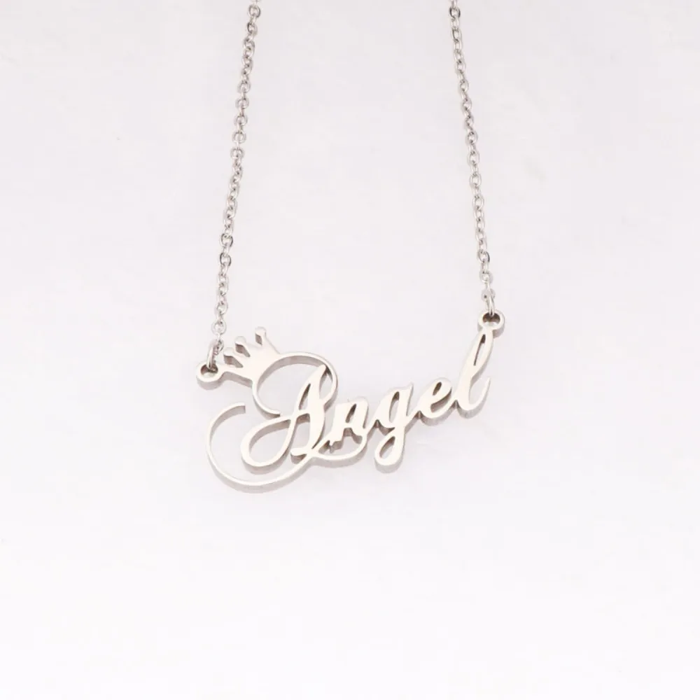 Custom Name Necklace Stainless Steel O Chain Crown Cursive Script Nameplate Pendant Personalized Christmas Gift for Women