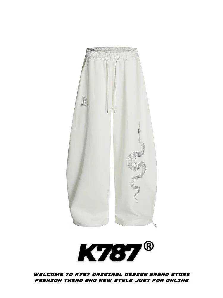 

American Retro Design Diamond Snake Casual Pants Men Women Loose Straight Leg Wide Leg White Knife Summer Polyester Cott...