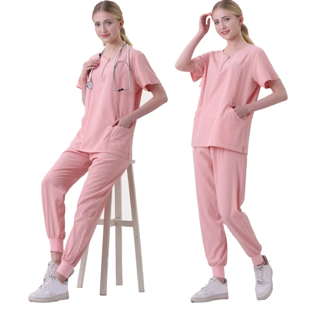 Conjunto Uniforme de Esfoliantes Elásticos femininos, Vestidos Cirúrgicos Hospitalares, Tops de Manga Curta, Terno de Calça Bocador, Roupas Médico, Acessórios Médicos
