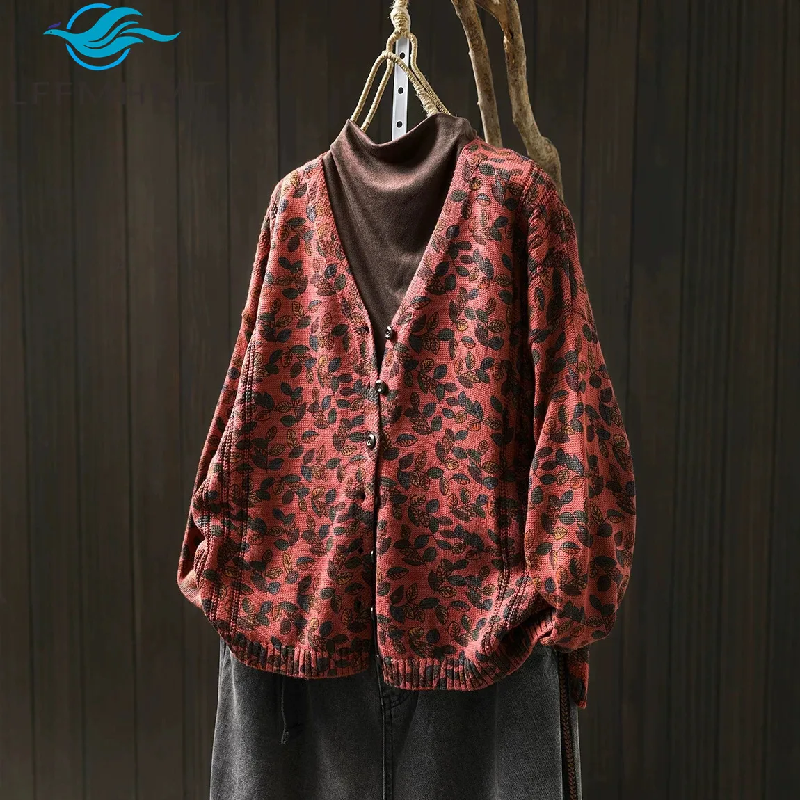 Women Cotton Yarn Print V-Neck Long Sleeve Knit Cardigan Loose Literary Vintage Cozy Daily Versatile Layering Fall Tops