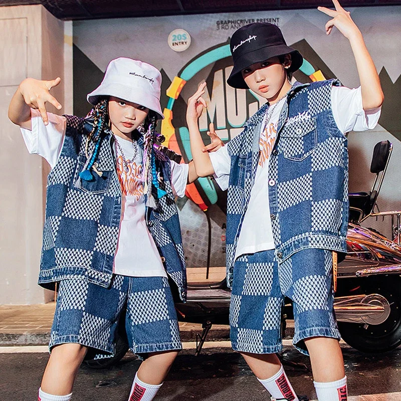 

Hip Hop Dance Costume Boys Girls Jazz Denim Shirt Shorts Stage Performance Clothes Kpop Outfits Kids Street Dancewear SL6679