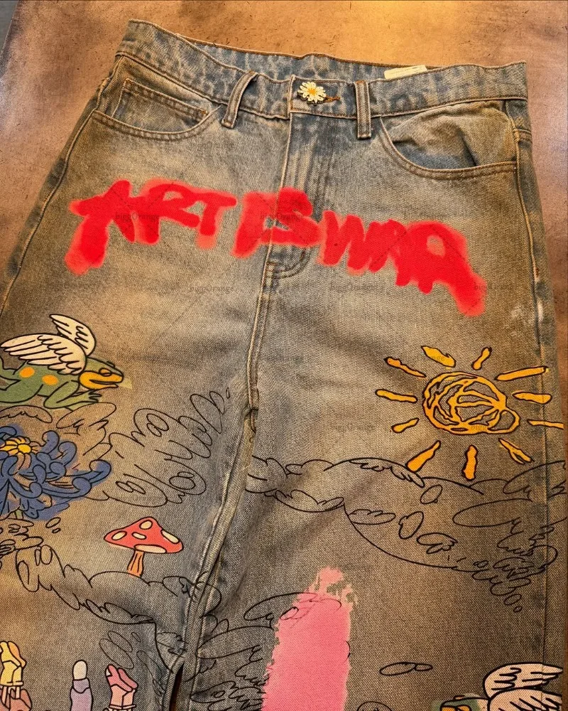 2025 Harajuku Y2K ملابس الشارع النسائية Kawaii الملابس الرجعية الكرتون فضفاض الجينز الهيب هوب الكتابة على الجدران عادية الدنيم مستقيم واسعة الساقين