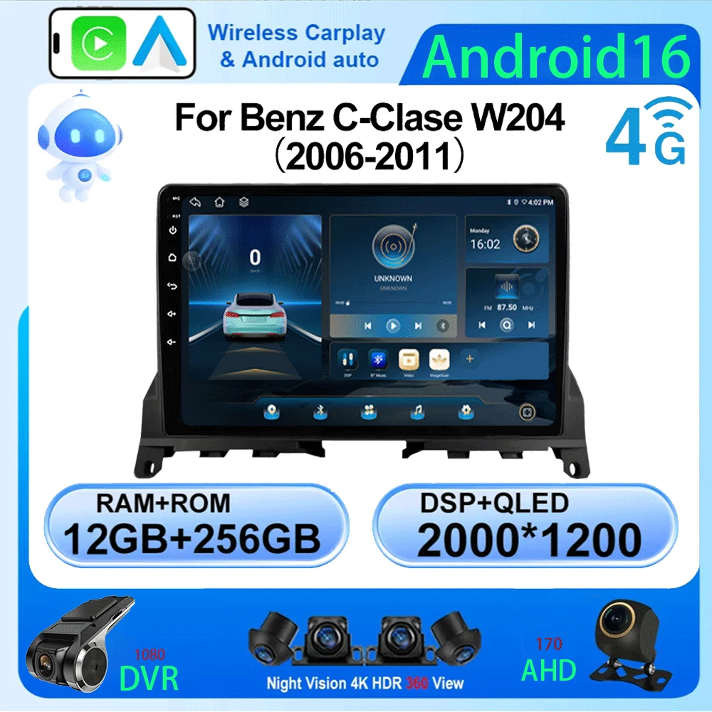 

LJZN Android 16 2 Din Radio Car Multimedia Video Player For Mercedes Benz C Class 3 W204 2006-2011 Carplay Autoradio GPS 5G+WIFI