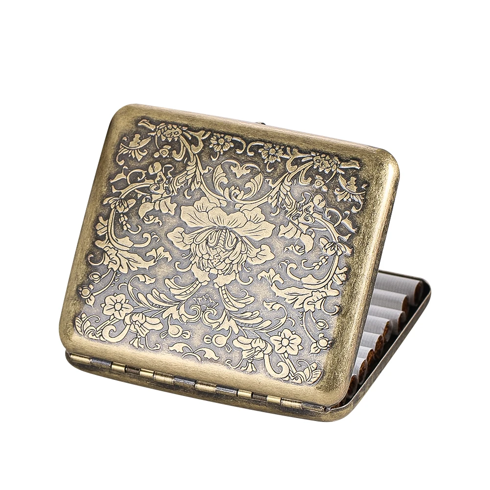 Vintage Bronze Carved Peony Pattern Cigarette Case Portable Pocket 20-cigarette Storage Box Men's Smoking Accessory Gift