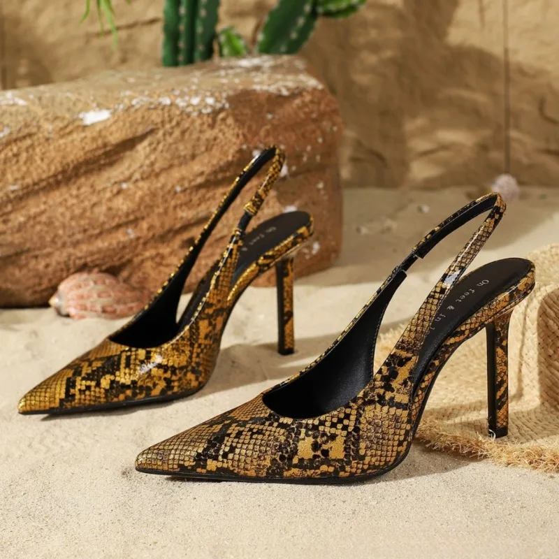 

Luxury Snake Print High Heels Women 2026 Spring Sexy Pointed Toe Back Strap Stiletto Sandals Elegant Shallow Party Dress Shoes