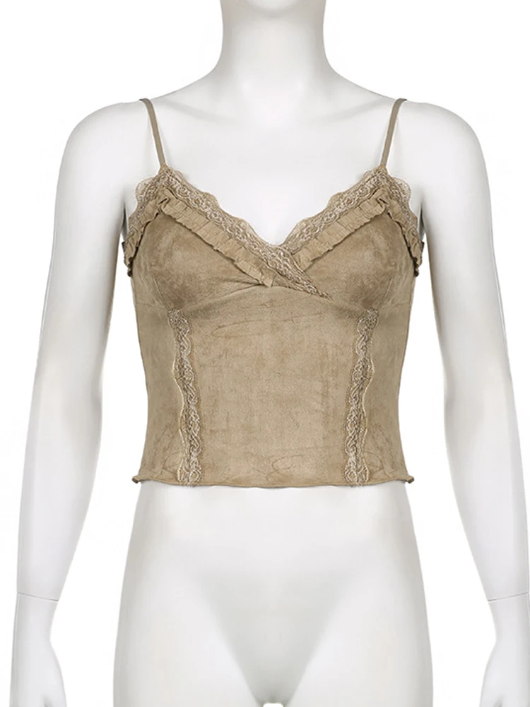Camisola de encaje con cuello en V para mujer, camiseta Retro Sexy, sin mangas, estética Y2K, caqui, Chaleco Ajustado, 2000s