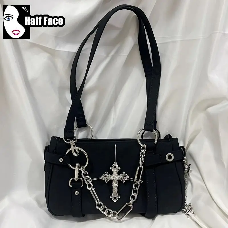 Y2K dziewczęce Harajuku damskie gotyckie torebki główna ulica odzież w stylu punkowym i ulicznym jedno ramię motocykl Retro torba typu Crossbody z łańcuchem Tote