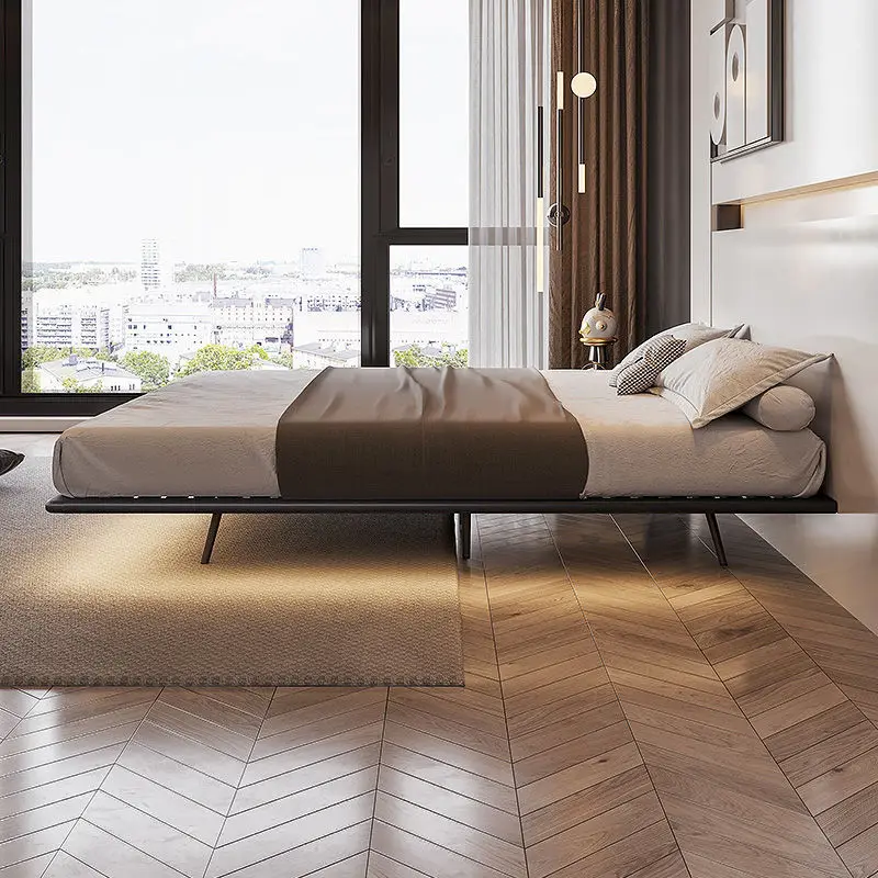 

Ash wood bedless suspended bed master bedroom modern light luxury with sensor lamp solid wood double bed