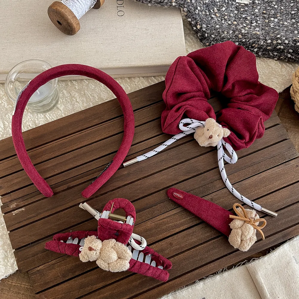 

Тканевые большие резинки для волос с медведем, эластичная резинка для волос, красная заколка для волос, заколка для волос, резинка для девочек, детские аксессуары для волос, повязка на голову