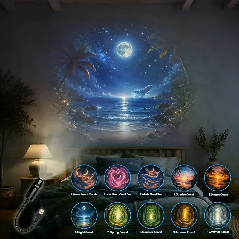 USB Healing Landscape Projector Light 10 Patterns Flexible Rotation Moon Cloud Sea Forest Coast Projection Lamp For Bedroom