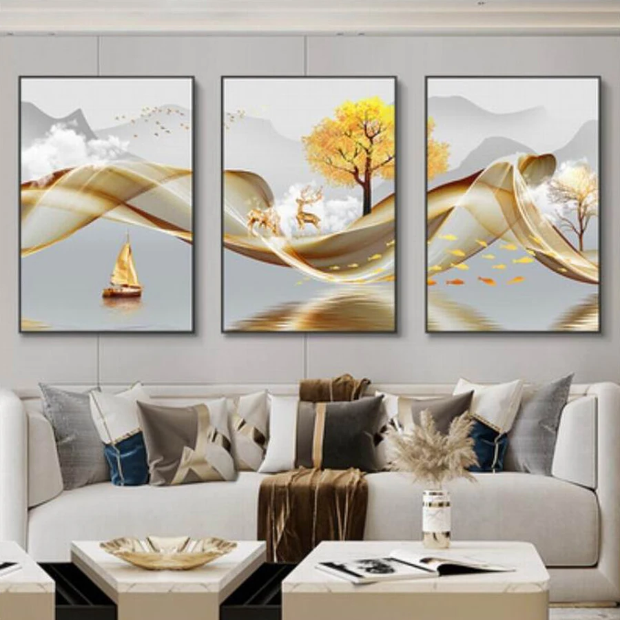 

3 Piece Set Diy Diamond Painting Kits New Collection Abstract Line Scenery Full Mosaic Embroidery Golden Deers Triptych Picture