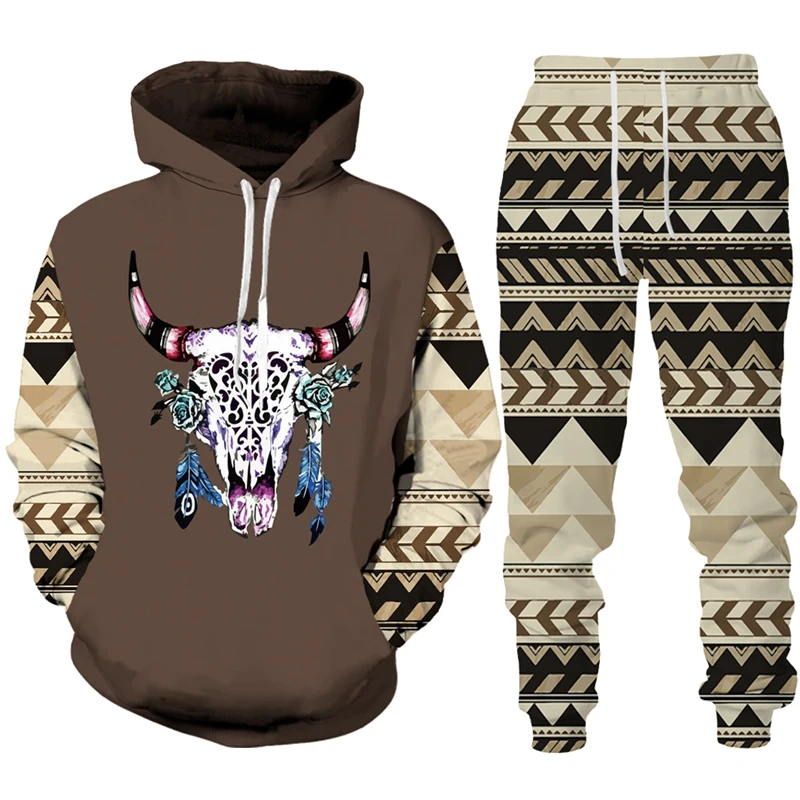 Vintage Tribal Cow Print Tracksuit Set Man Woman Hoodie+Pants 2pcs Set Fashion Casual Western Cowboy Hip Hop Streetwear Clothes