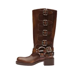 ArdenFurtado Brown Genuine Leather boots woman Platform Rivet Motorcycle boots Round toe Belt buckle wide heel calf Western boot