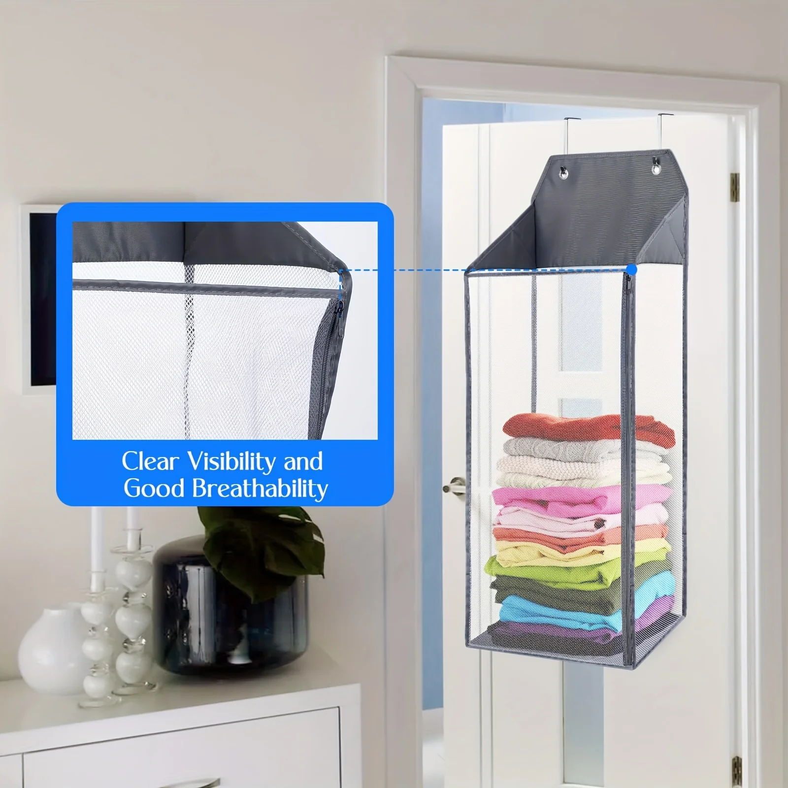 1pc Foldable Wall Hanging Mesh Laundry Basket Door With Zipper For Storing Dirty Clothes Suitable For Bathrooms And Dormitories