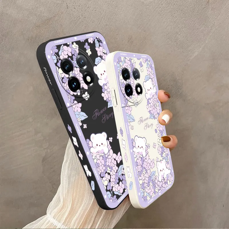 Flower Bush Bear Phone Case For Oneplus 10 10T 10R 9R 9RT 9 8T 8 7 7T Pro 5G Liquid Silicone Cover