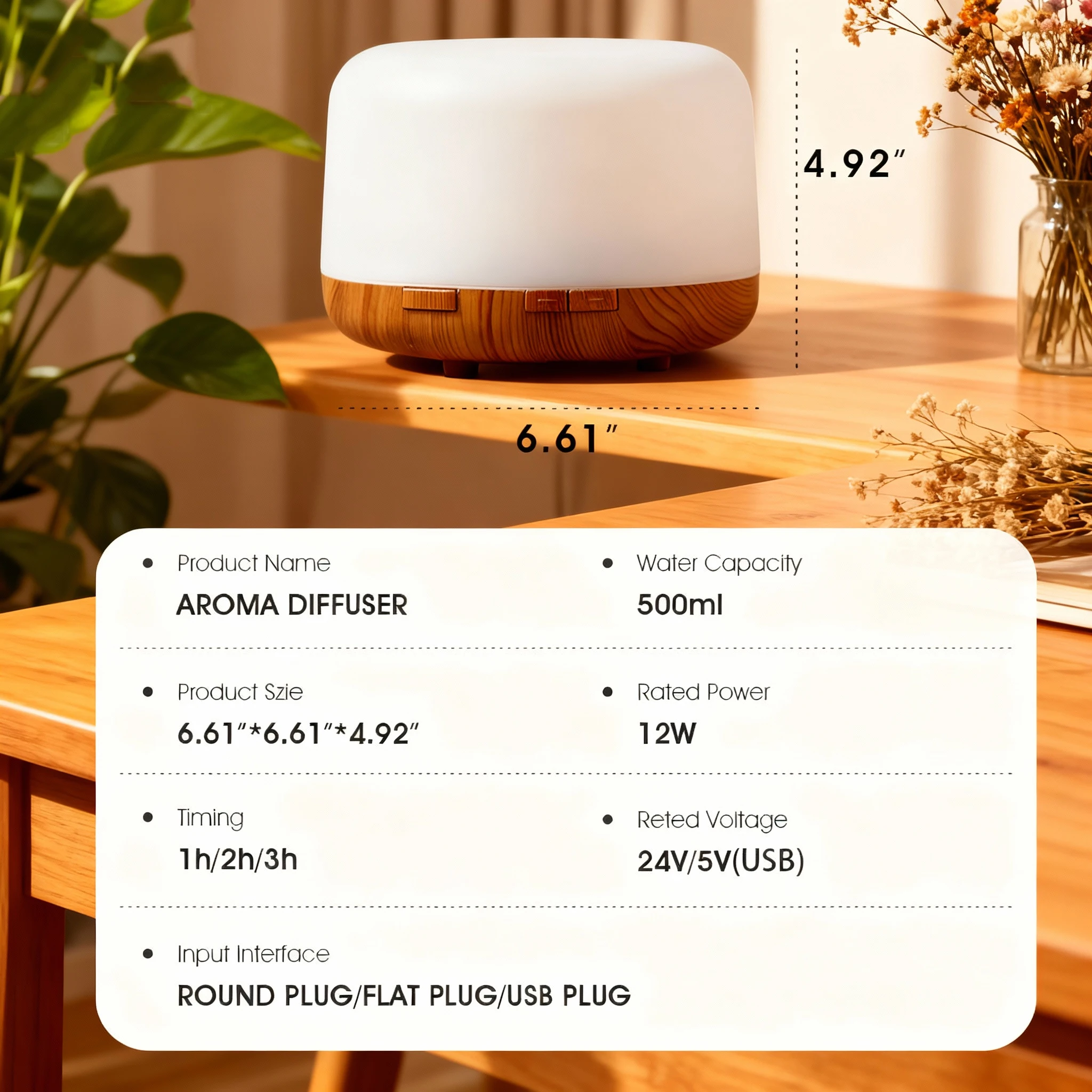 500ml Ultrasonic Air Humidifier Bedroom Aroma Diffuser with Remote Control, Auto-off and 7 Colors Light Bedside Table Light