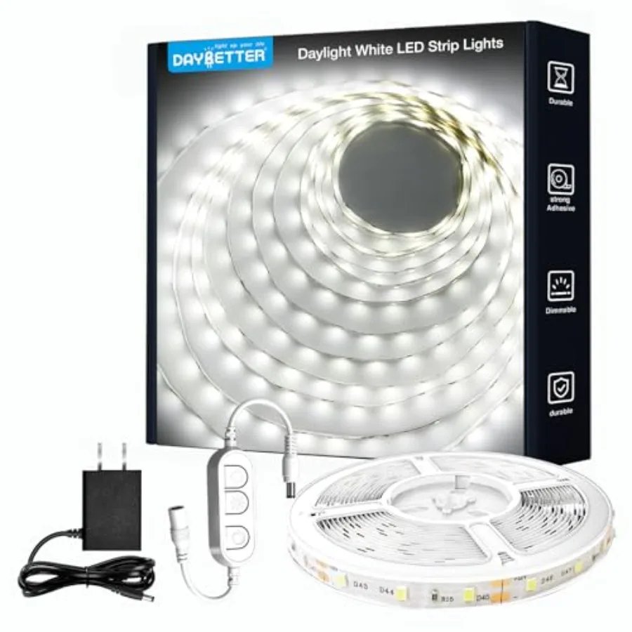 White LED Strip Light, 20 Feet Dimmable Bright Rope Lighting, 6500K 24V Strips, 360 LEDs 2835 Tape Lights for Bedroom, Kitchen,