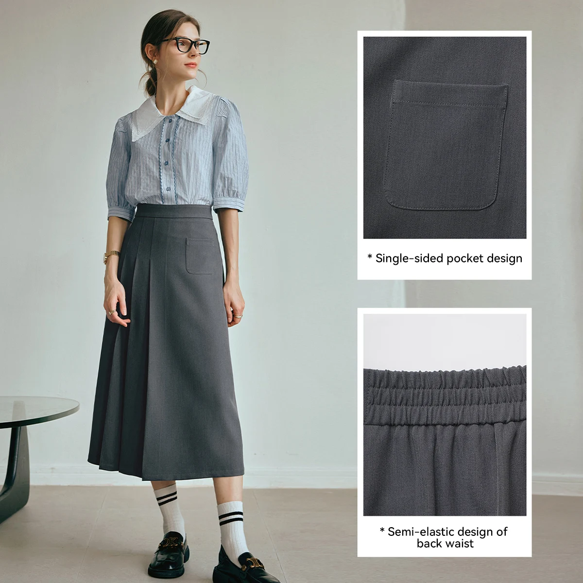 OLrain femmes jupes mi-longues plissées 2025 nouveau automne polyvalent trajet solide jupe bureau dame élastique dos jupe O24CB89882