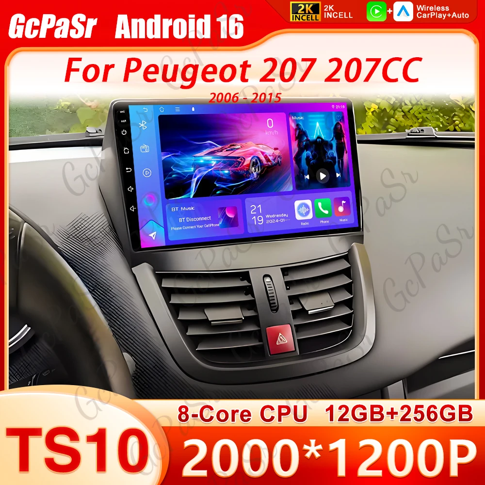 Android 16 For Peugeot 207 207CC 2006 - 2015 Car Radio Multimedia Video Player Carplay Bluetooth Touch Screen 8 Core Wifi 4G