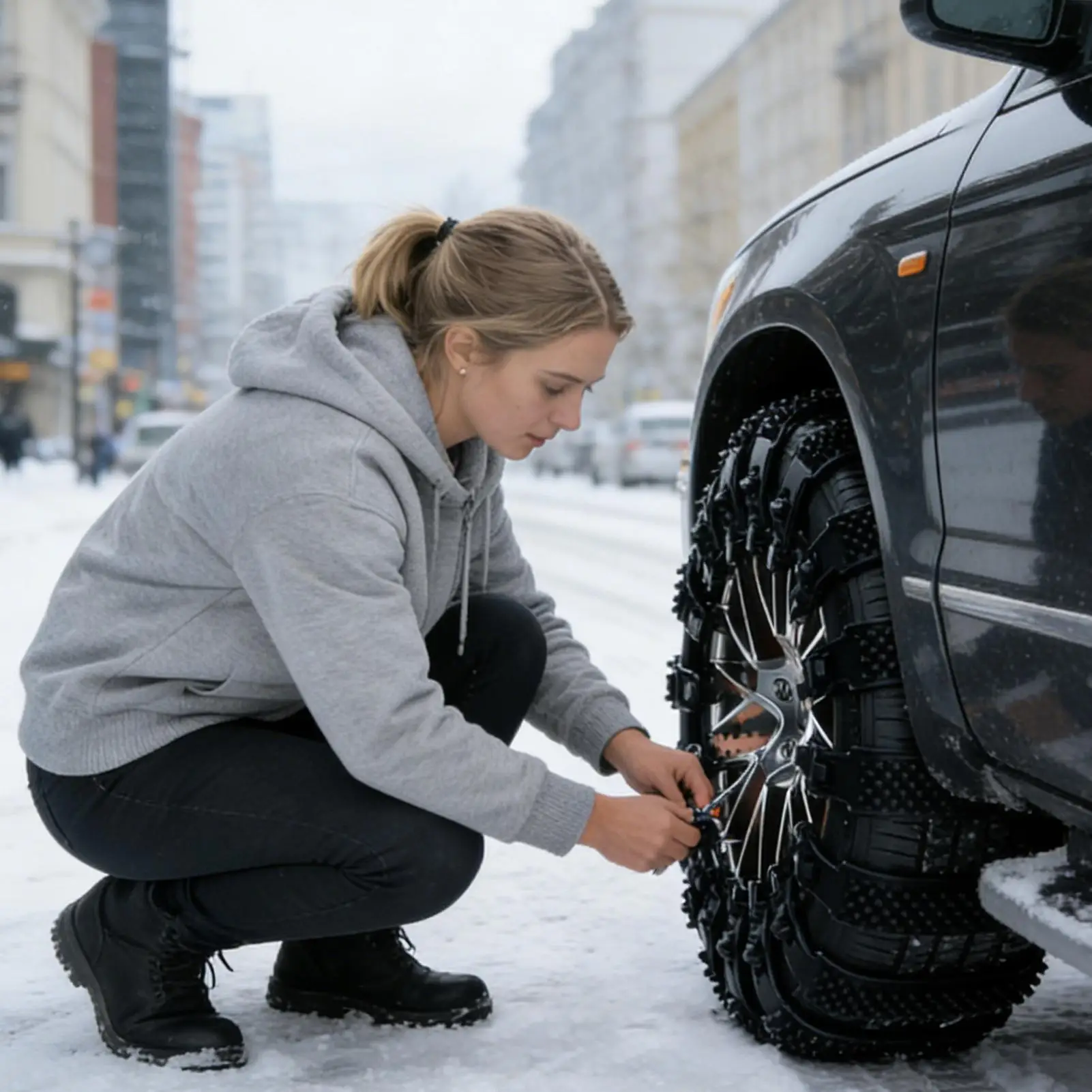 Snow Tire Chains 12 Pieces Adjustable Reusable Elastic Traction Car Wheel Tie Down Straps Chains For Tires For Cold Weather