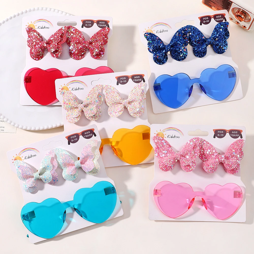 Juego de pinzas para el pelo de mariposa brillante, accesorios para el cabello, conjuntos de gafas, punto de onda de moda para niños, gafas de amor,