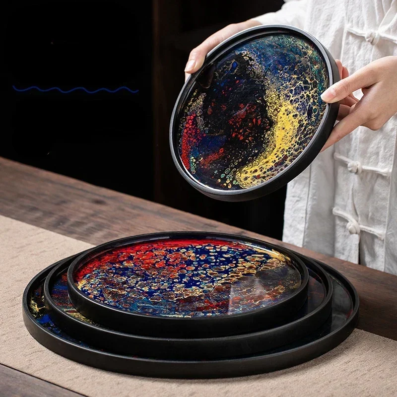 

Chinese antique lacquer round dry brewing tray Kung Fu tea set tea tray pot bearing dry brewing table tea tray