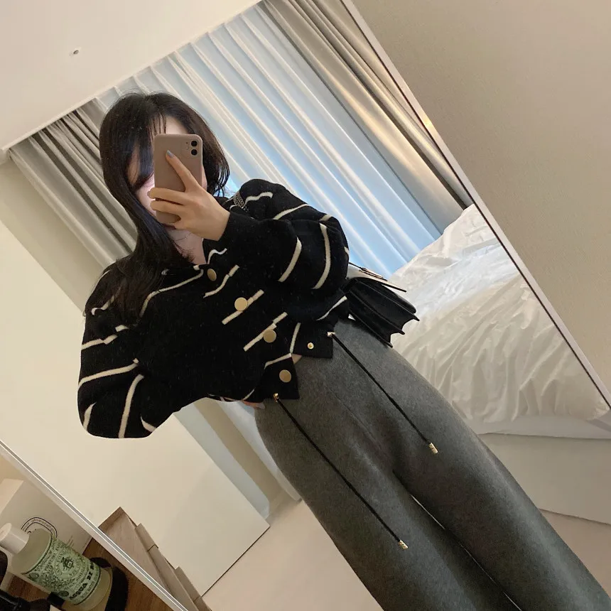 Loose Women's Knitted Cardigan Coat with Big Pockets Striped Splicing Drawstring Hem Single Buttoned Open Front Sweater
