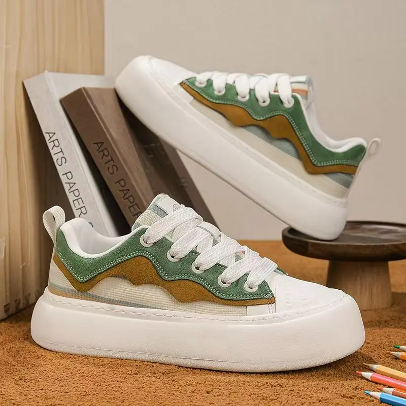 

Men's Summer New Mesh Casual Board Shoes Thick Sole Non Slip Round Top High Quality Bard Shoes Lace Up Lightweight Sports Shoes