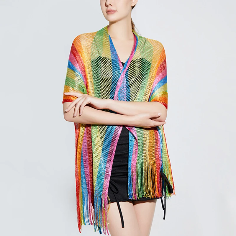 Chal de seda brillante con estampado de arcoíris para mujer, chal de protección solar con borlas, a rayas, dorado y plateado, bufanda Sexy para vestido de noche de fiesta, V143