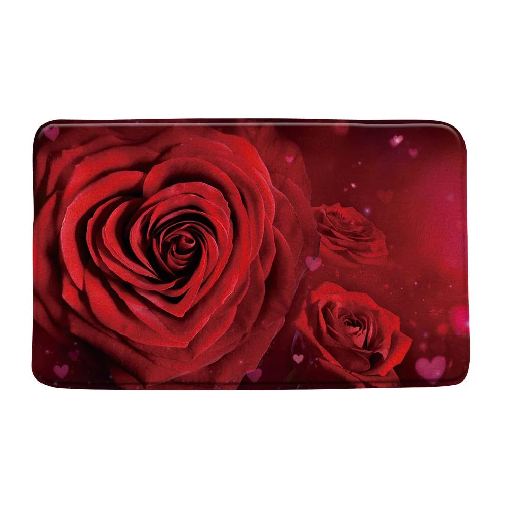 Red Rose Bath Mats Anti-Slip Wine Floral Foot Pad Valentine\'s Day Bedroom Doormat Kitchen Pastoral Flower Carpet Floor Rug Home