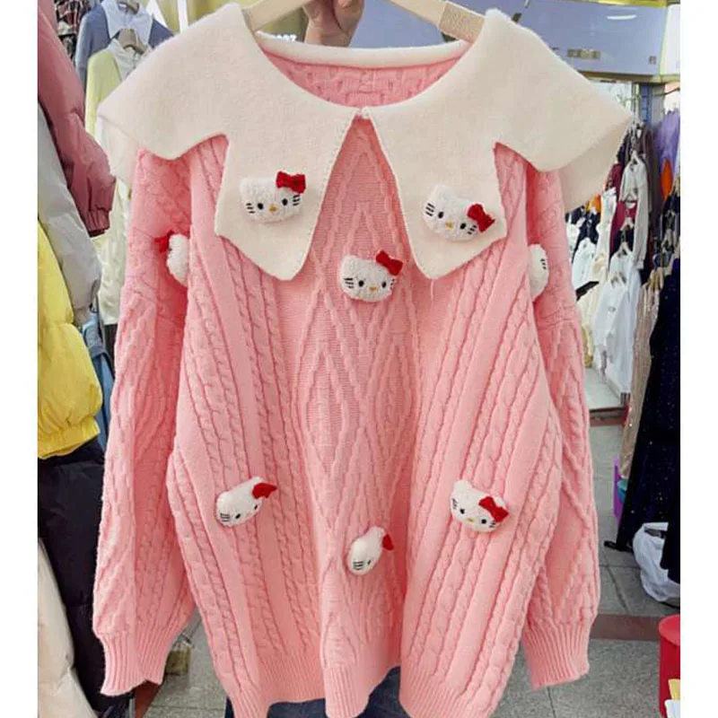 Kawaii Hello Kittys Sweet Pullover Women's Clothing Cute Peter Pan Collar 3D Decoration Fashion Pinks Sweater Loose Knitted Tops