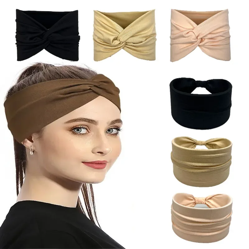 6pcs set women's comfortable solid color elastic wide headband, anti slip and sweat absorbing sports headband