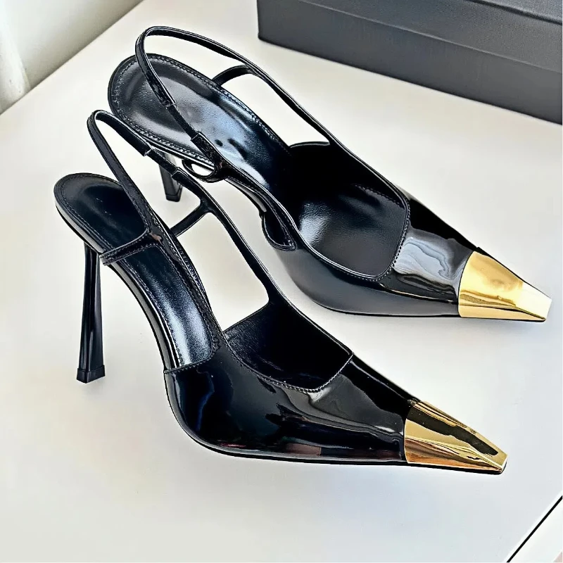 

New Summer Women's High Heel Sandals Metal Small Square Head Back Hollow Sandals Women's Side Hollow Iron Head High Heels
