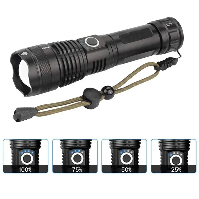 Powerful XHP70 LED Flashlight 5 Modes USB Rechargeable Zoom Torch Lantern 26650 Battery Camping Outdoor Emergency Light