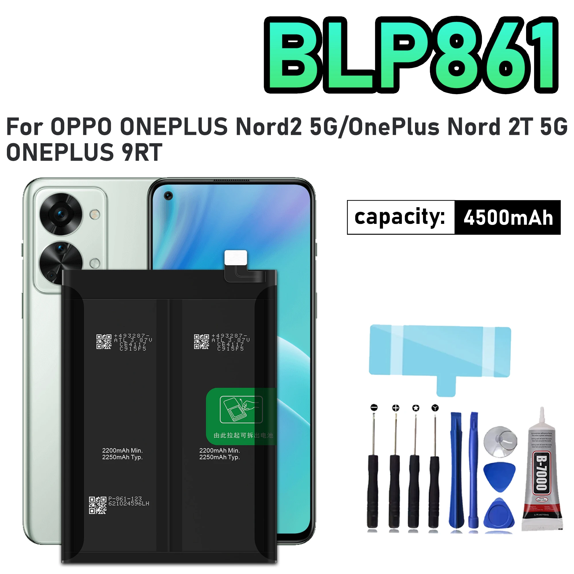 

100% New High Quality Replacement Battery BLP861 4500mAh For OPPO Oneplus Nord2 5G/OnePlus Nord 2T 5G/ 9RT Battery+ Free Tools