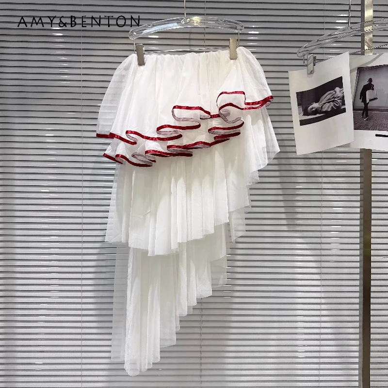 

French Design White Sweet Spicy Asymmetrical Multi-layered Lace Mesh Skirt 2026 Summer New Fashion Elegant Midi Skirts Ladies