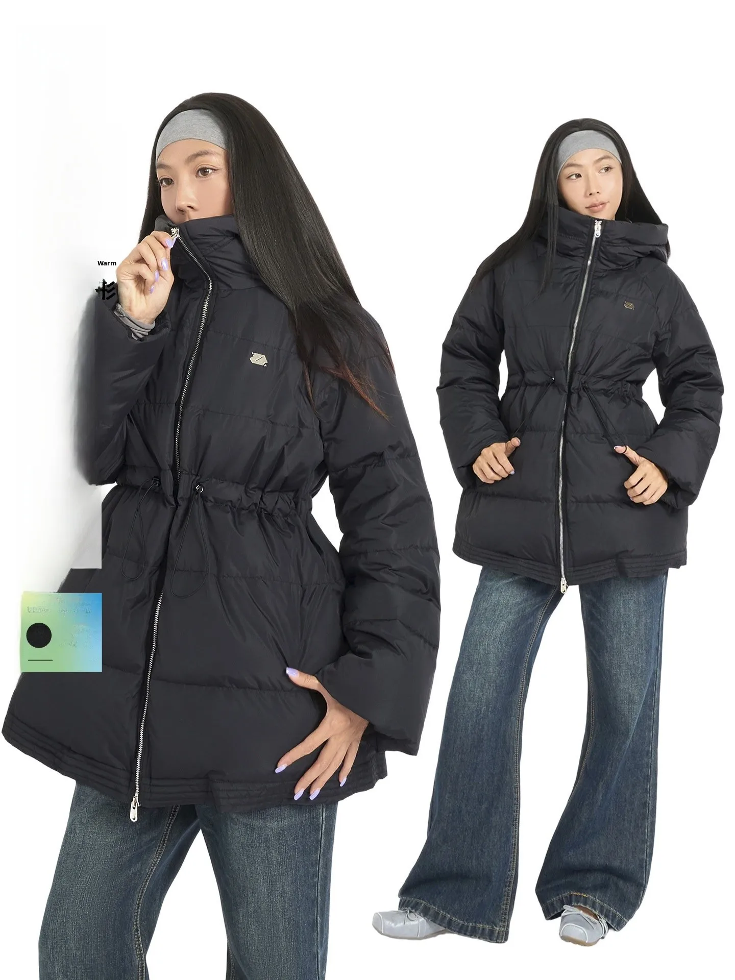 

ABMY Thickened White Duck down Hooded High Collar Anti-Wind Mid-Length Puffer Jacket Drawstring Waist Women's Casual Style
