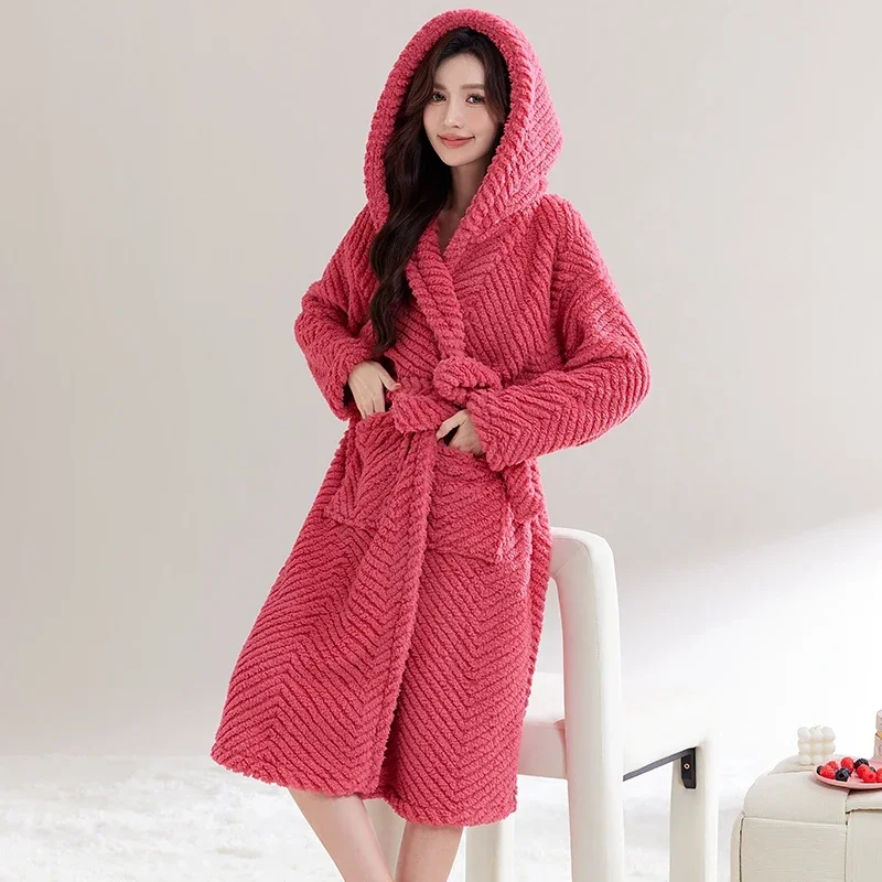 2024 Winter Long Sleeve Thick Warm Flannel Hooded Kimono Robes For Women Coral Velvet Sleepwear Bathrobe Nightdress Night Dress