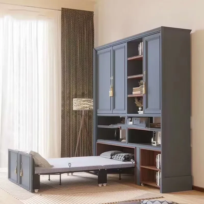 Multifunctional Folding Bed Mobile Lunch Break Cabinet Simple Double Interior Burlap Storage Bed