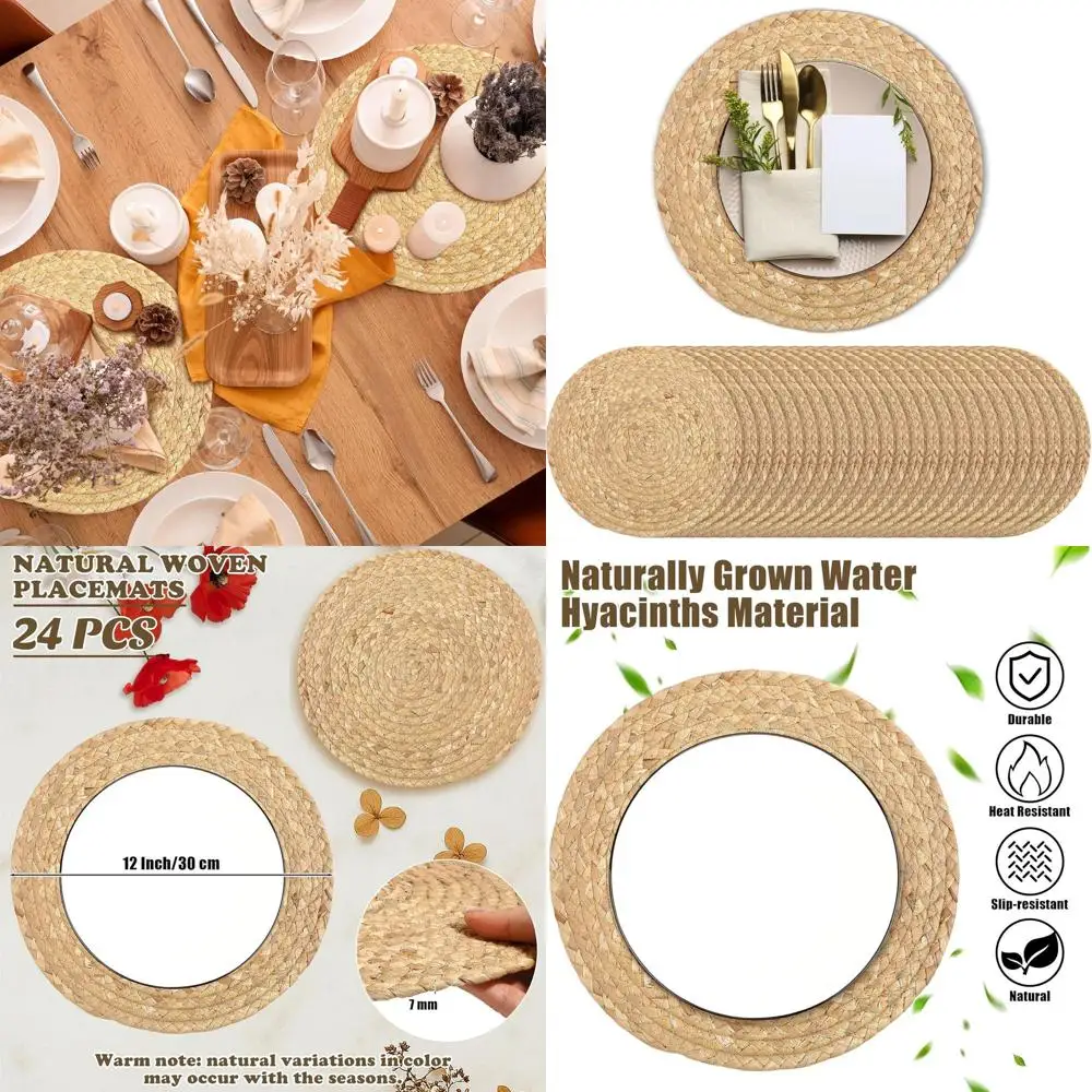 

24 упаковки, 12 салфеток из натурального тканого гиацинта, коврики для стола из ротанга ручной работы в стиле бохо для домашней столовой и праздничного использования