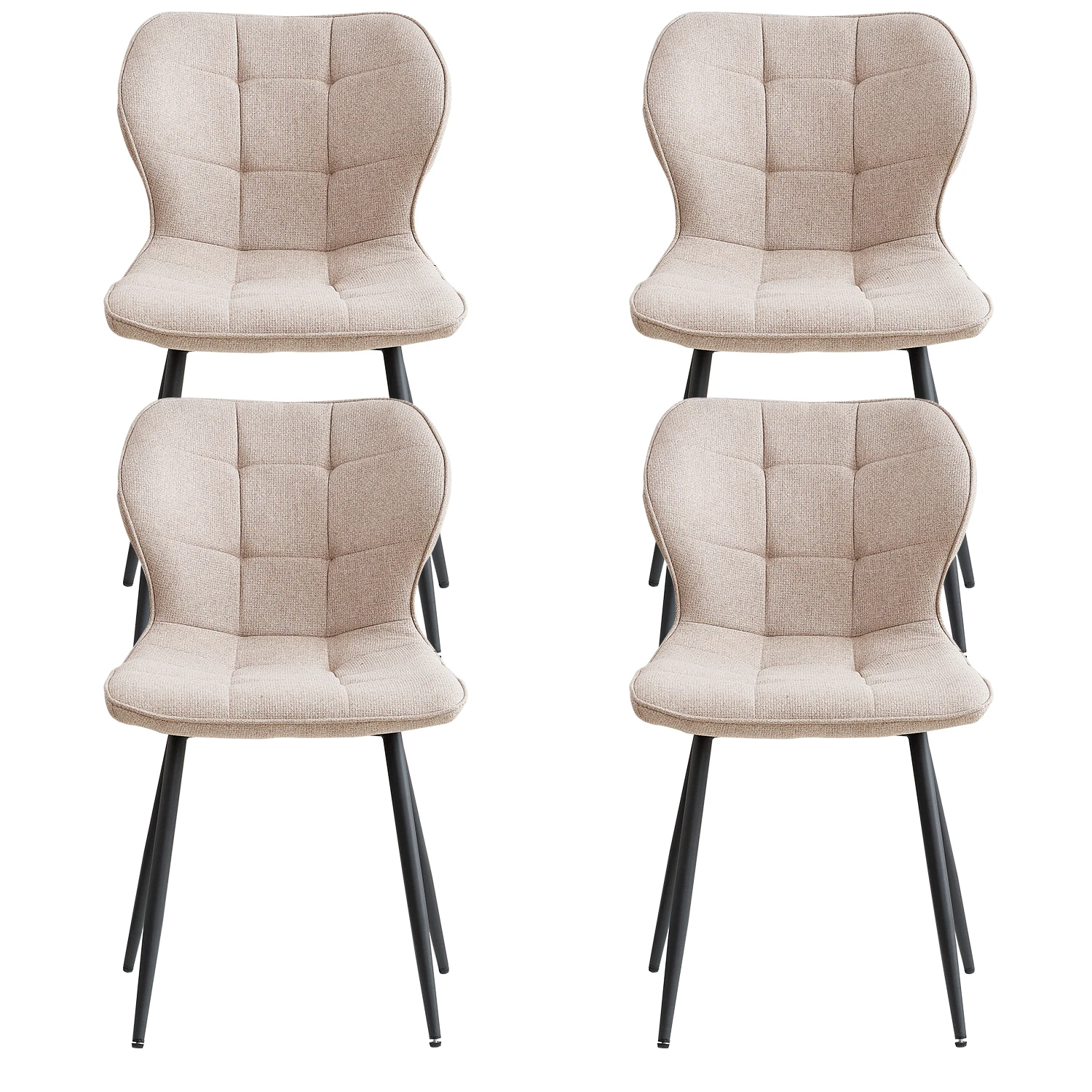 Set mit 2/4/6 modernen Esszimmerstühlen, mit Leinenbezogenen, gesteppten Sitzflächen, schwarzen Metallbeinen, geeignet für Wohnzimmer/Schlafzimmer, Beige.