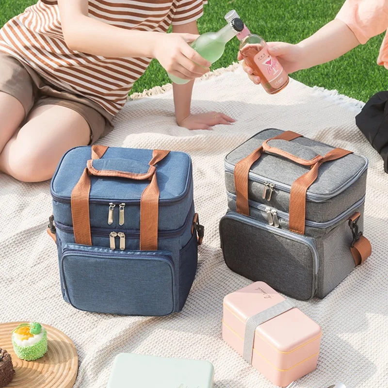 

AD10 Insulated Lunch Bag Double-Layer Leakproof Waterproof Lunch Bag With Shoulder Strap Picnic Camping Bag