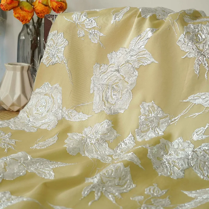 

Cream Yellow Silk Flower Yarn Dyed Jacquard Fabric Large Floral Elegant Embossed Women's Dress Diy Sewing Fabric 50cmx140cm