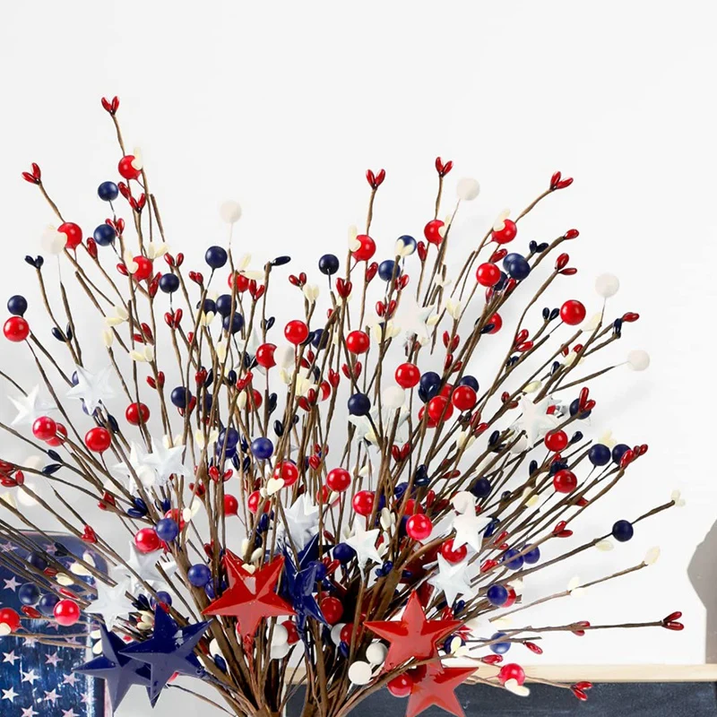 6PCS 16Inch Artificial Berry Stem Picks Patriotic Pip Berry For 4Th Of July Independence Day Memorial Day Decoration