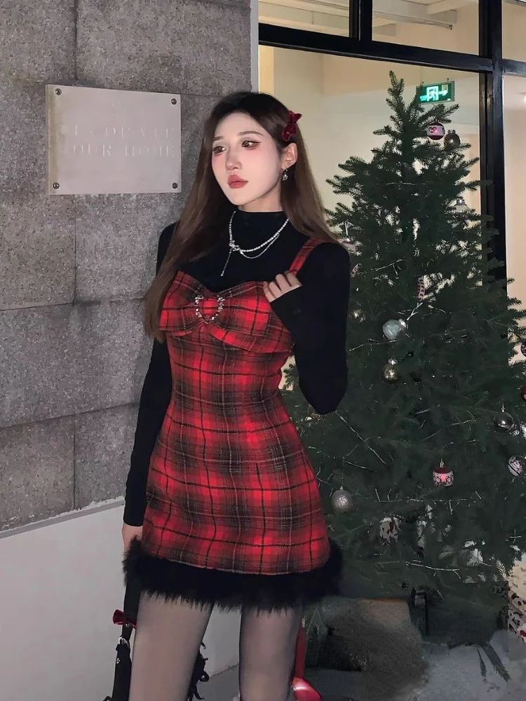 2024 Spring Korean Fashion Suit Elegant Red Plaid Set Women Casual Slim Black Blouse + Sleeveless Y2k Mini Dress Office Lady