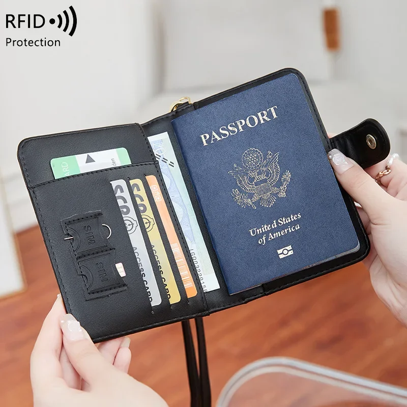 Leather Passport Holder Covers Case Waterproof Rfid Blocking Travel Card holder Portable Passport Wallet with Neck Lanyard