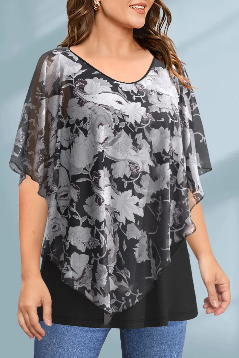 Plus Size Women Blouse Cloak Loose Casual Floral Print Ruffle Batwing Cape Sleeve Basic Tee Top Fake Two Pieces Women Shirt Top