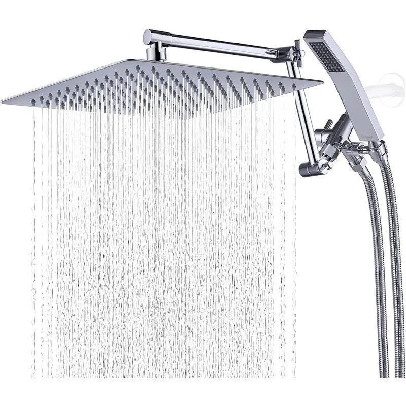 All Metal 12 Inch Rainfall Shower Head with Handheld Spray Combo| 3 Settings Diverter|Adjustable Extension Arm with Lock Joints